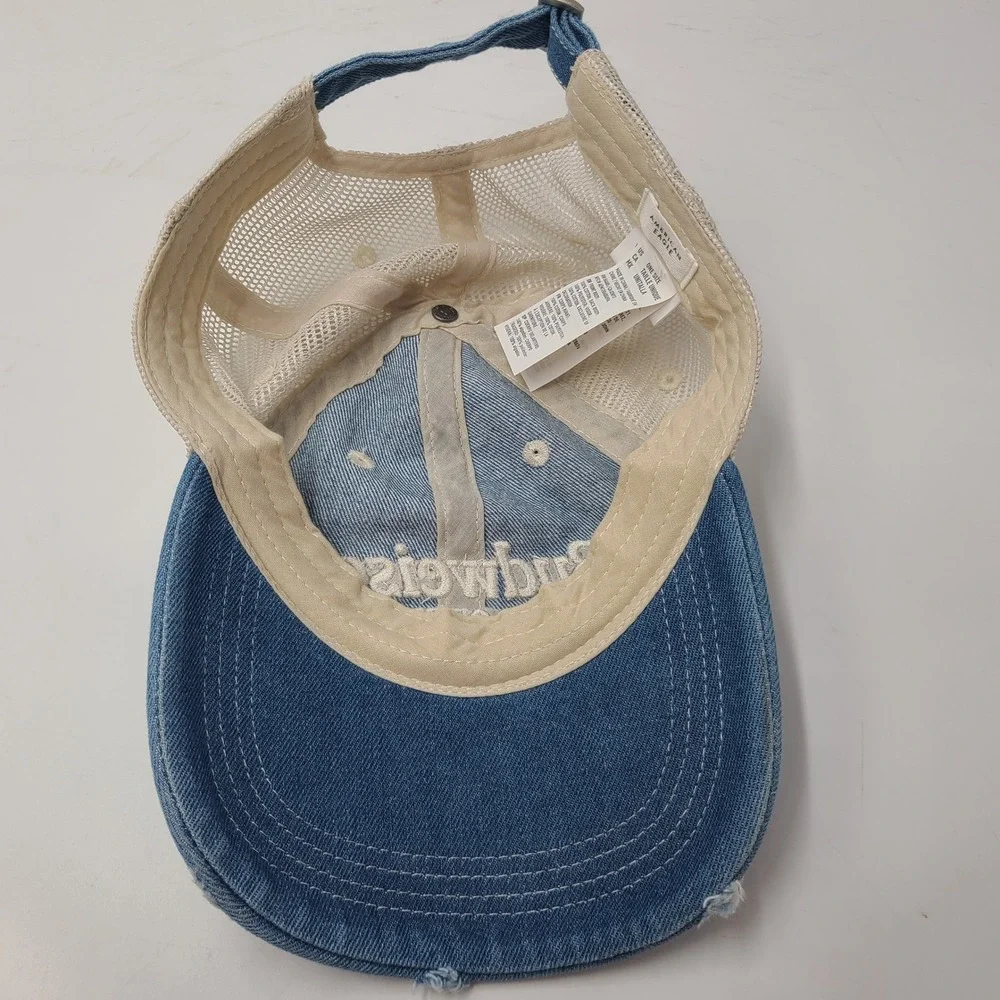 Budweiser Hat Strapback American Eagle Trucker Mesh Blue Beige Distressed Denim